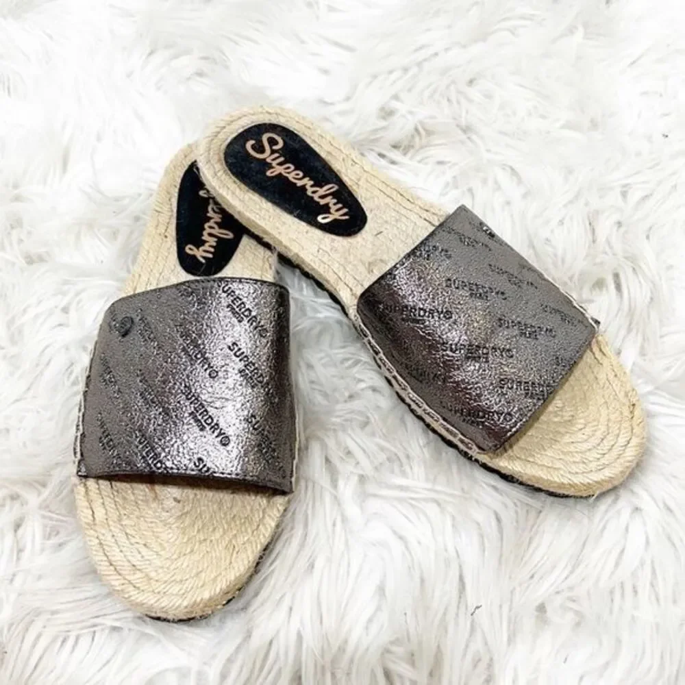 Superdry Maya Metallic Silver Logo Espadrille Slides size 6